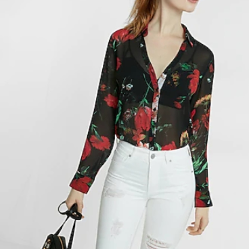 Slim Fit Sheer Floral No Pocket Portofino Shirt
